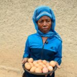 A Rwandan mother struggling to feed her malnourished child received four chickens through a community farming programme. Her flock grew to seven, giving the family eggs to eat and sell. Across the district, 2,700 households received chickens, helping child stunting fall from 50.5% to 35.8%.